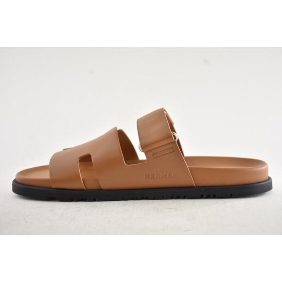 Hermes Chypre Sandal Mens Naturel Brown Gold Leather H Logo Slide Flat 45 12 - Picture 9 of 13